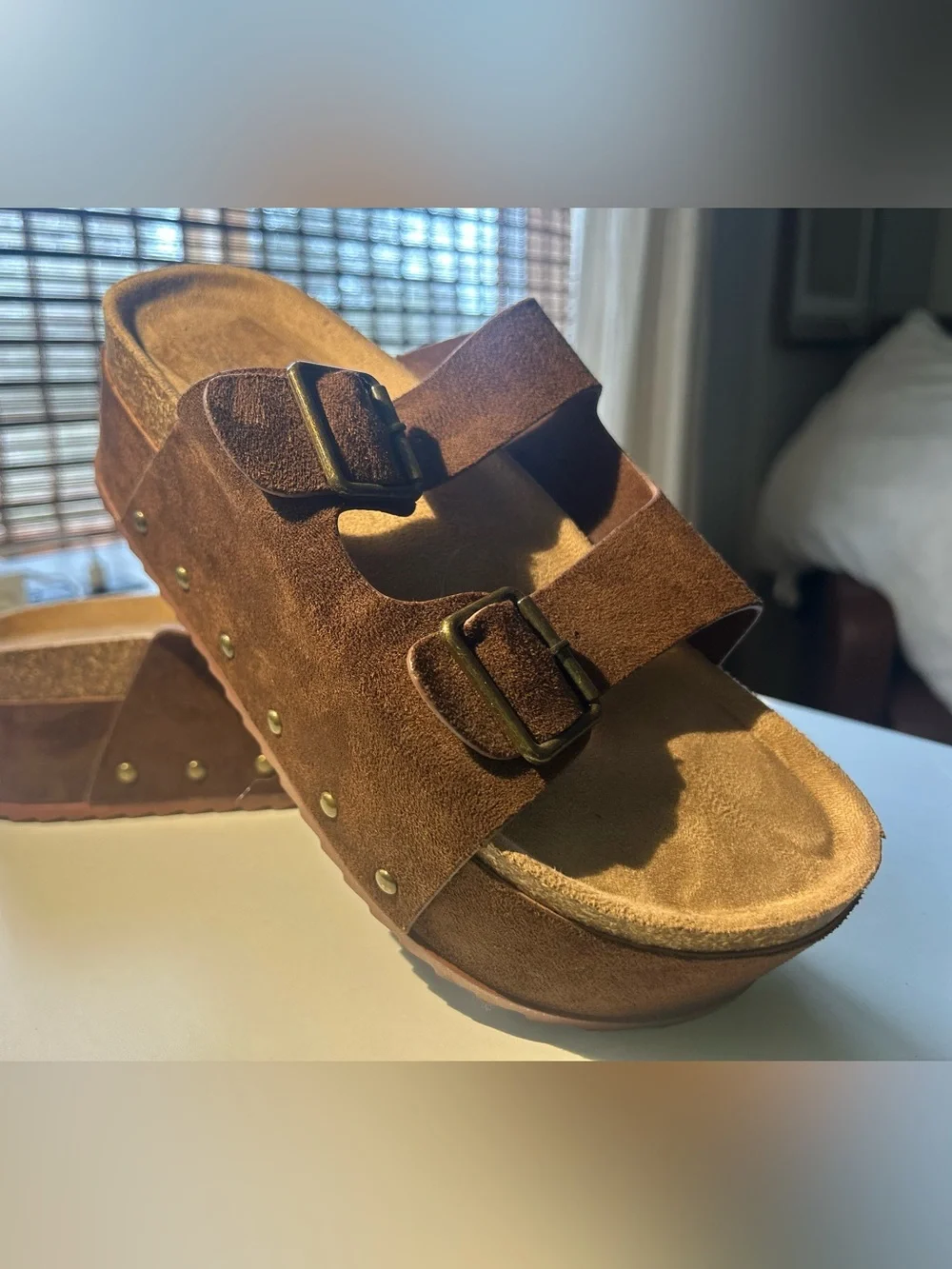 NWOB Brown Suede Double Buckle Platform Slide Sandals